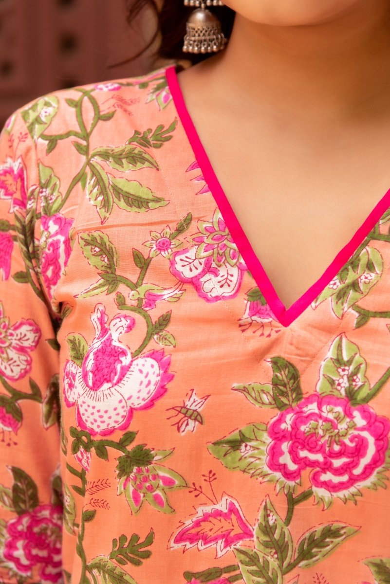 GAURANGI PEACH PINK COTTON HAND BLOCK PRINT SUIT SET WITH SOFT NET DUPATTA - Pomcha Jaipur