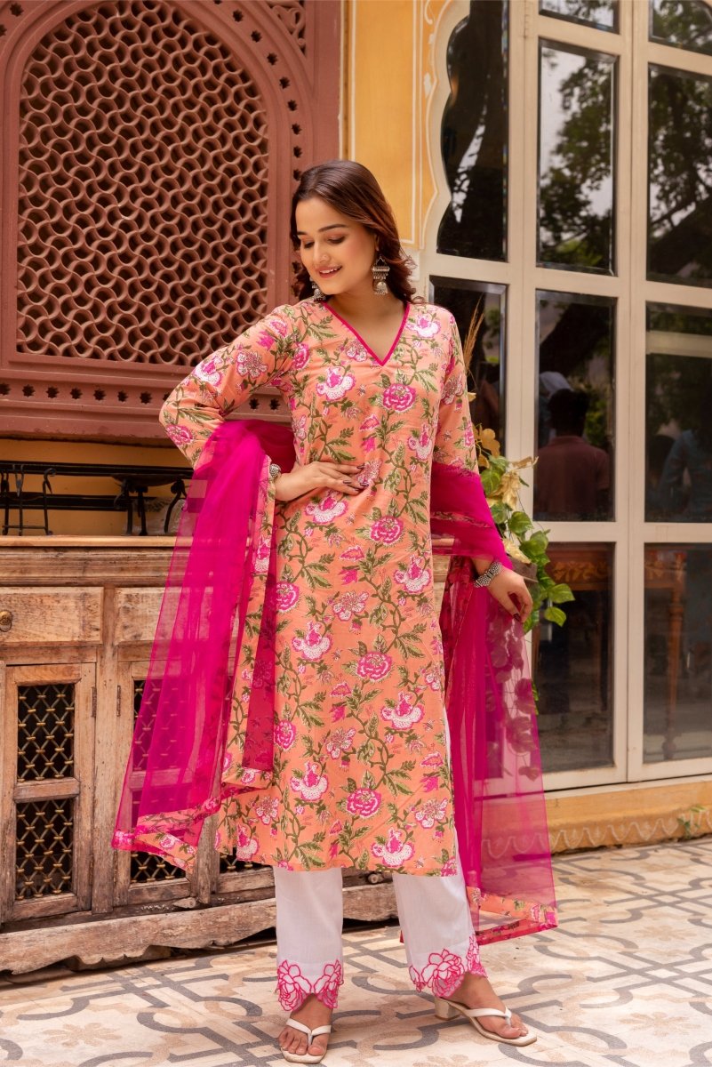 GAURANGI PEACH PINK COTTON HAND BLOCK PRINT SUIT SET WITH SOFT NET DUPATTA - Pomcha Jaipur