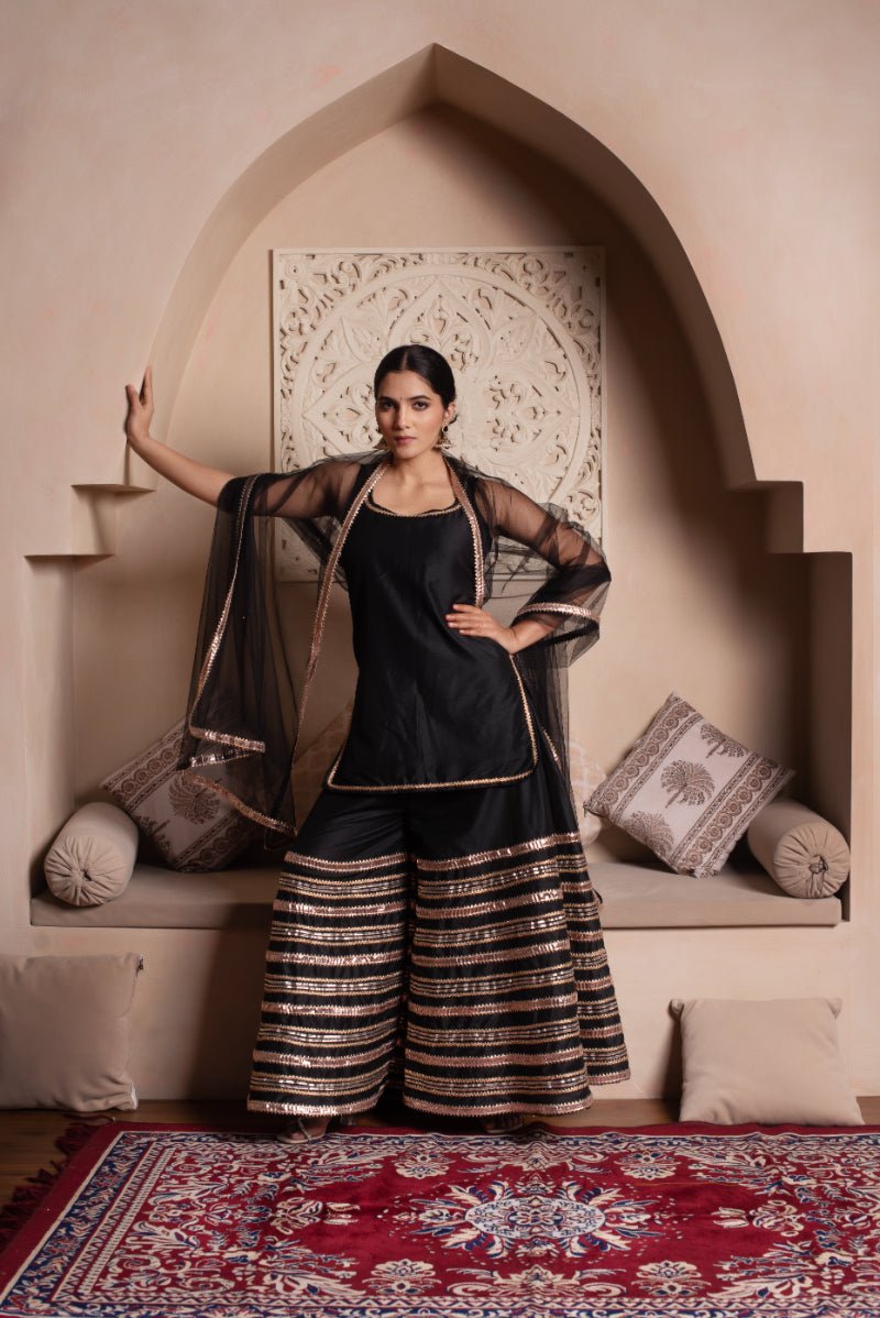 GHAZAL BLACK COTTON SILK GOTA PATTI SHARARA SET WITH SOFT NET DUPATTA - Pomcha Jaipur