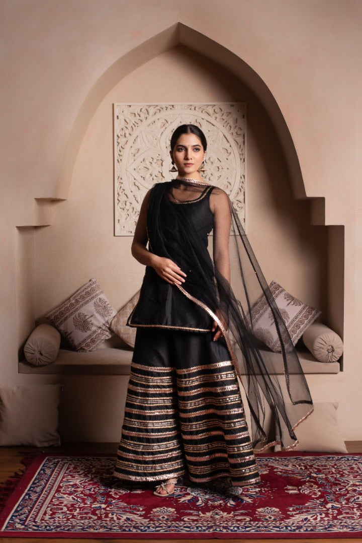GHAZAL BLACK COTTON SILK GOTA PATTI SHARARA SET WITH SOFT NET DUPATTA - Pomcha Jaipur