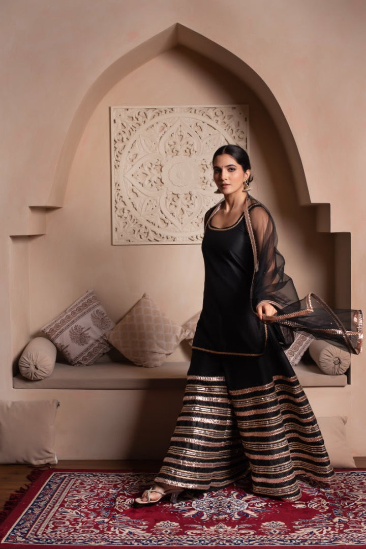GHAZAL BLACK COTTON SILK GOTA PATTI SHARARA SET WITH SOFT NET DUPATTA - Pomcha Jaipur