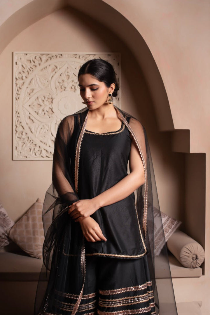 GHAZAL BLACK COTTON SILK GOTA PATTI SHARARA SET WITH SOFT NET DUPATTA - Pomcha Jaipur