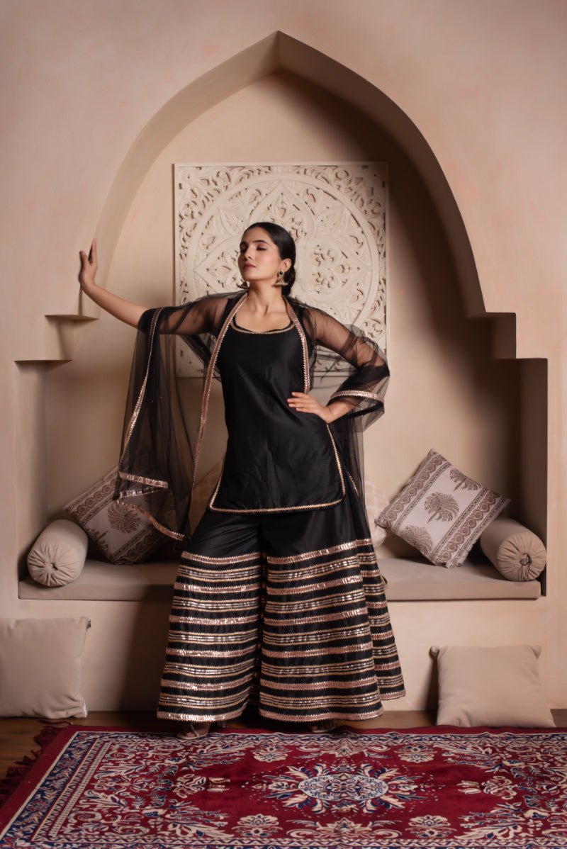 GHAZAL BLACK COTTON SILK GOTA PATTI SHARARA SET WITH SOFT NET DUPATTA - Pomcha Jaipur