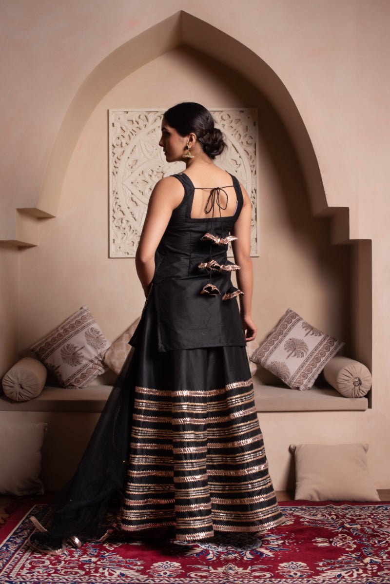 GHAZAL BLACK COTTON SILK GOTA PATTI SHARARA SET WITH SOFT NET DUPATTA - Pomcha Jaipur