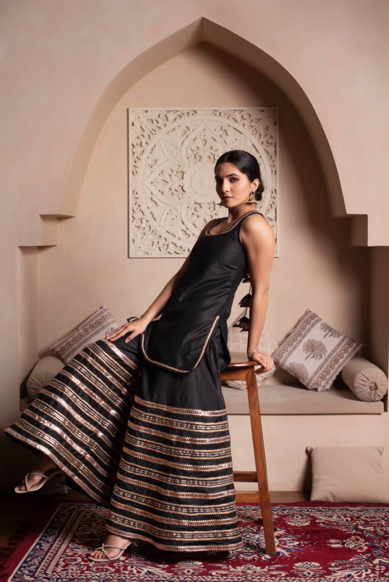 GHAZAL BLACK COTTON SILK GOTA PATTI SHARARA SET WITH SOFT NET DUPATTA - Pomcha Jaipur