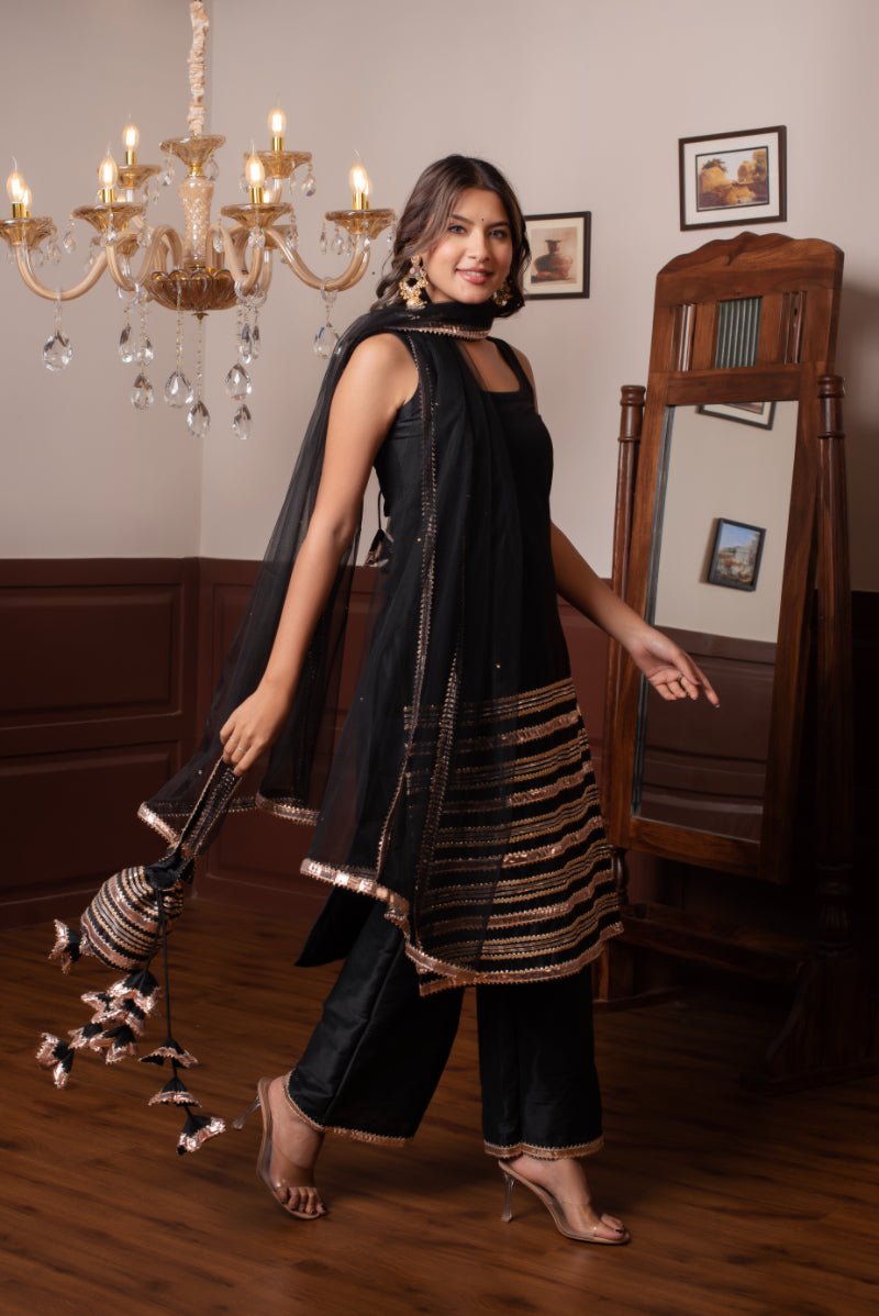 GHAZAL BLACK COTTON SILK GOTA PATTI SUIT SET WITH SOFT NET DUPATTA - Pomcha Jaipur