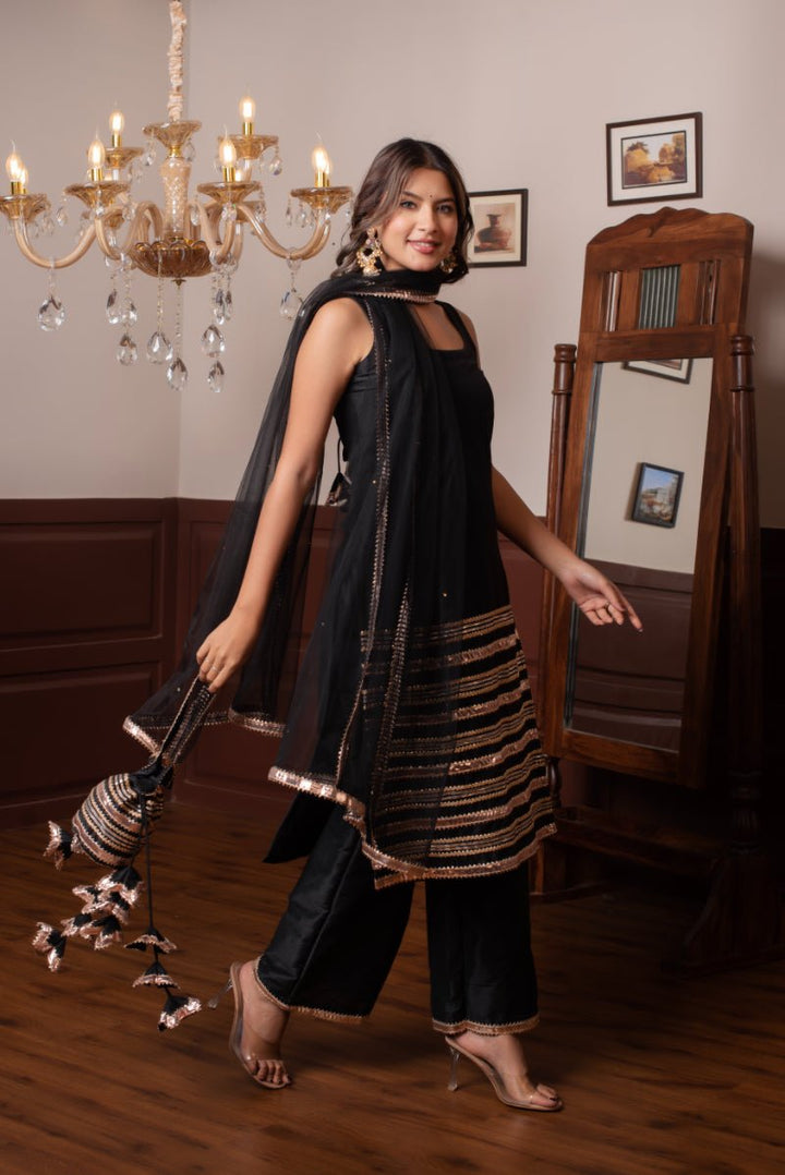 GHAZAL BLACK COTTON SILK GOTA PATTI SUIT SET WITH SOFT NET DUPATTA - Pomcha Jaipur