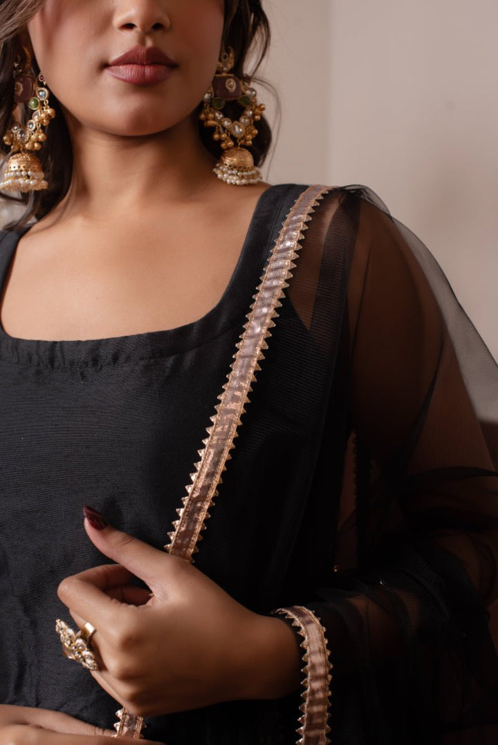 GHAZAL BLACK COTTON SILK GOTA PATTI SUIT SET WITH SOFT NET DUPATTA - Pomcha Jaipur