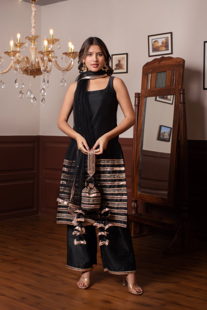 GHAZAL BLACK COTTON SILK GOTA PATTI SUIT SET WITH SOFT NET DUPATTA - Pomcha Jaipur