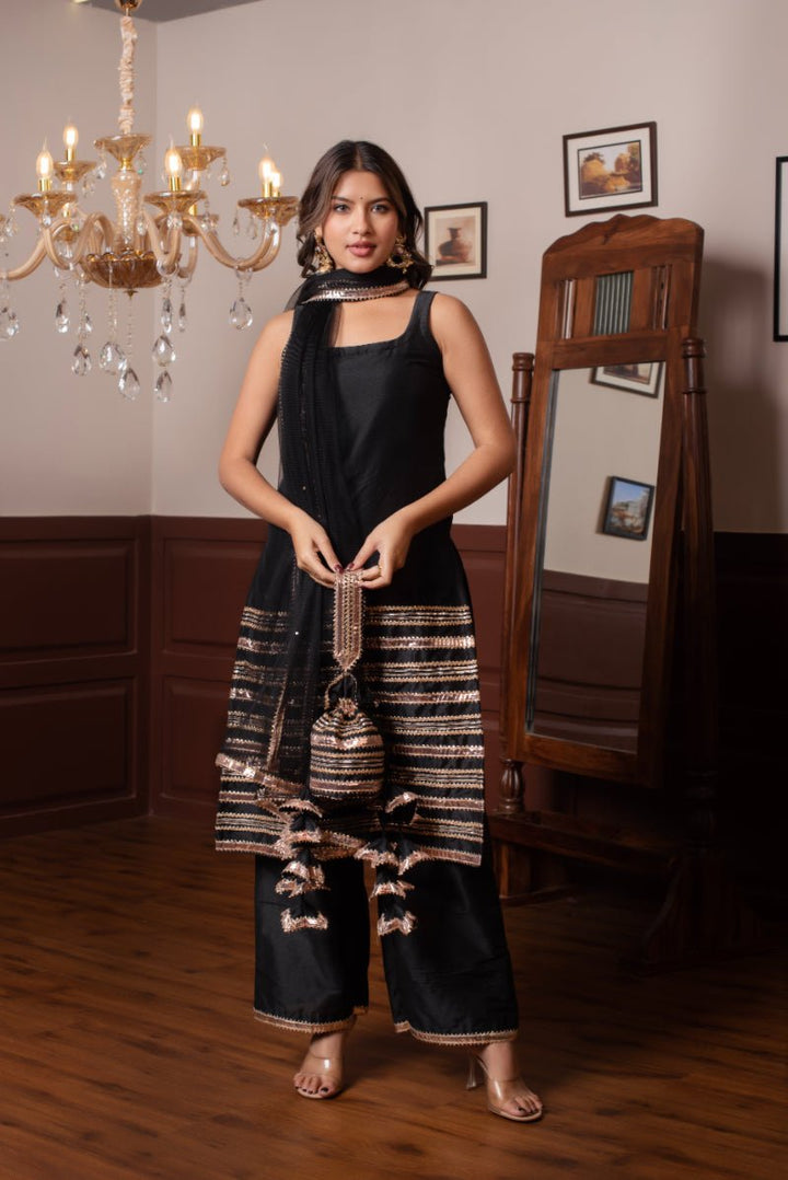 GHAZAL BLACK COTTON SILK GOTA PATTI SUIT SET WITH SOFT NET DUPATTA - Pomcha Jaipur