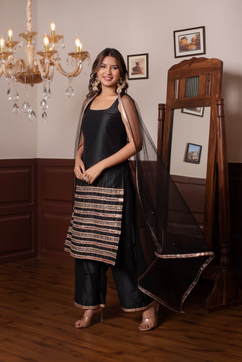 GHAZAL BLACK COTTON SILK GOTA PATTI SUIT SET WITH SOFT NET DUPATTA - Pomcha Jaipur