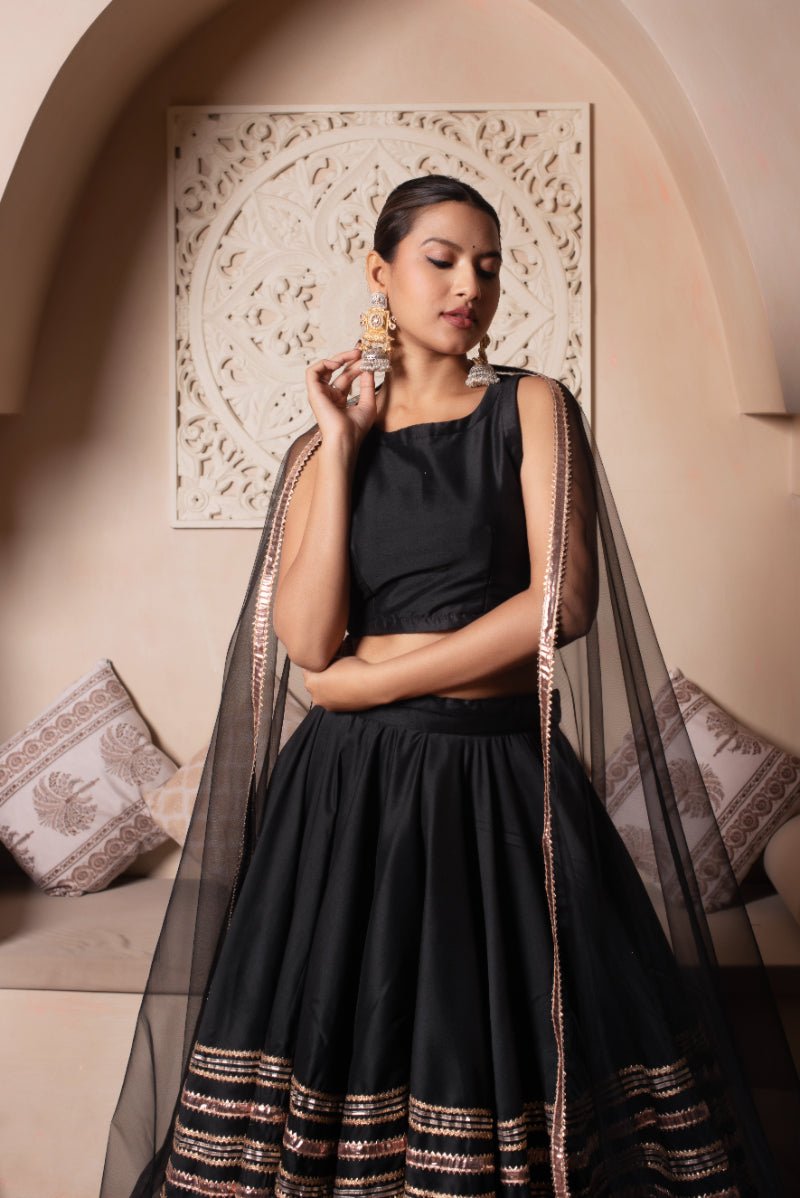GHAZAL BLACK GOTA PATTI COTTON SILK LEHENGA SET WITH SOFT NET DUPATTA - Pomcha Jaipur