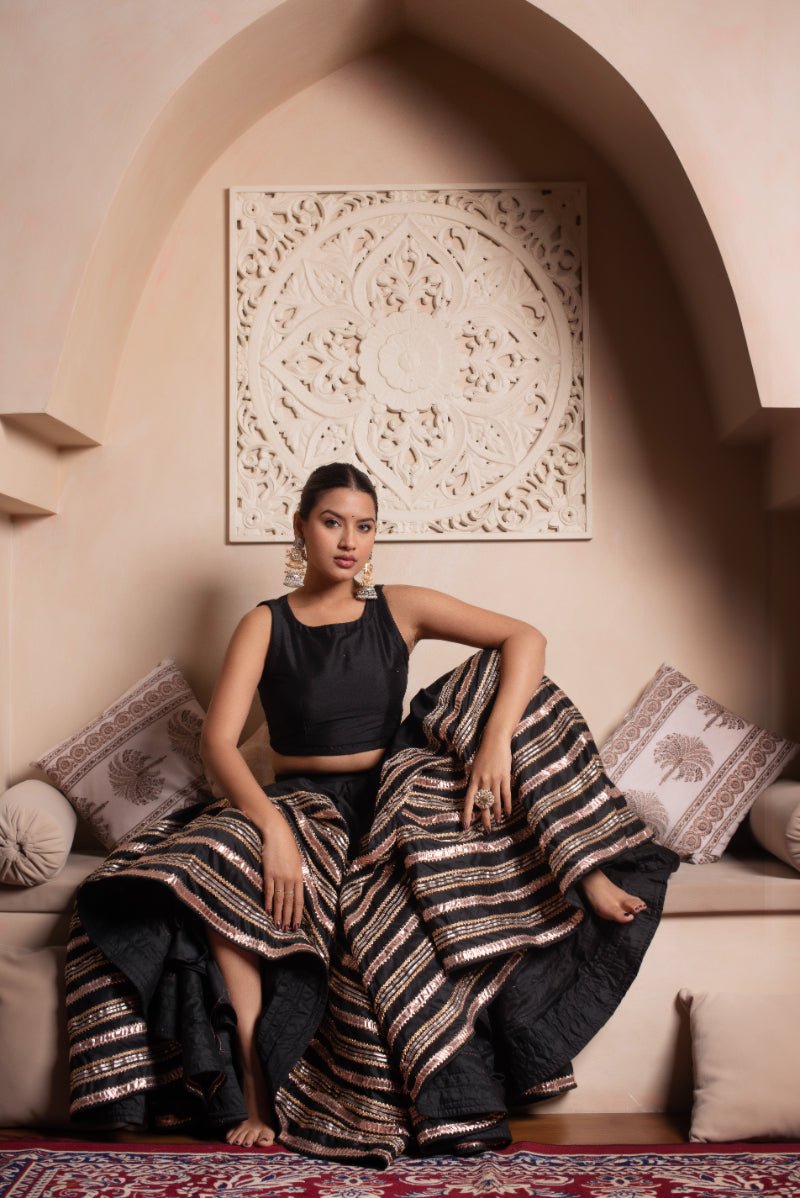 GHAZAL BLACK GOTA PATTI COTTON SILK LEHENGA SET WITH SOFT NET DUPATTA - Pomcha Jaipur