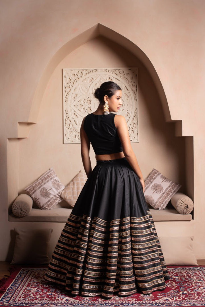 GHAZAL BLACK GOTA PATTI COTTON SILK LEHENGA SET WITH SOFT NET DUPATTA - Pomcha Jaipur