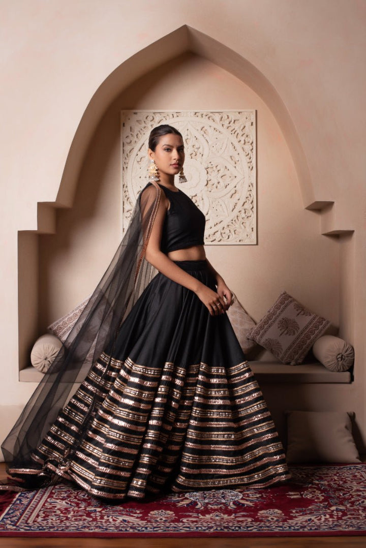 GHAZAL BLACK GOTA PATTI COTTON SILK LEHENGA SET WITH SOFT NET DUPATTA - Pomcha Jaipur