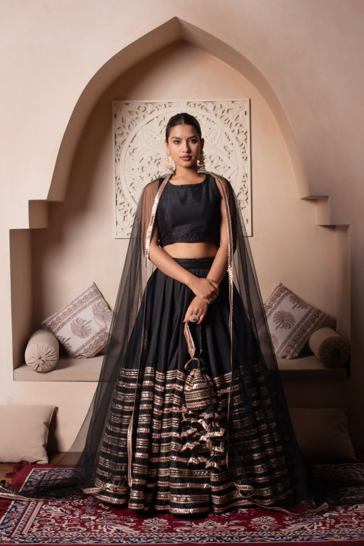 GHAZAL BLACK GOTA PATTI COTTON SILK LEHENGA SET WITH SOFT NET DUPATTA - Pomcha Jaipur