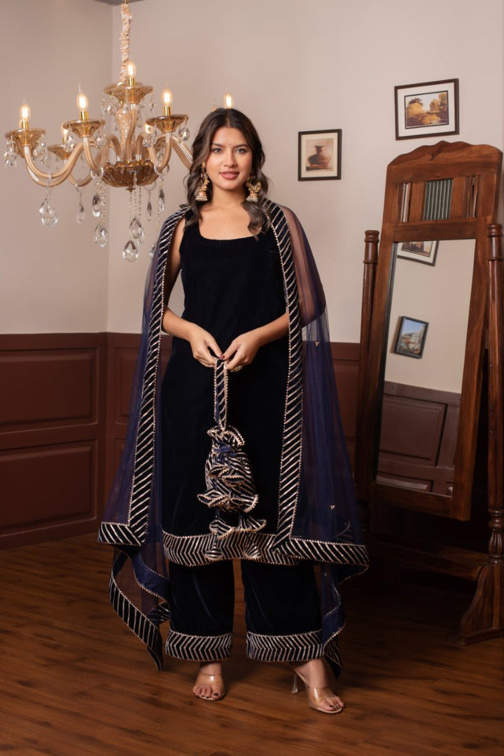 GHAZAL BLUE VELVET GOTA PATTI KURTA SET WITH SOFT NET DUPATTA - Pomcha Jaipur