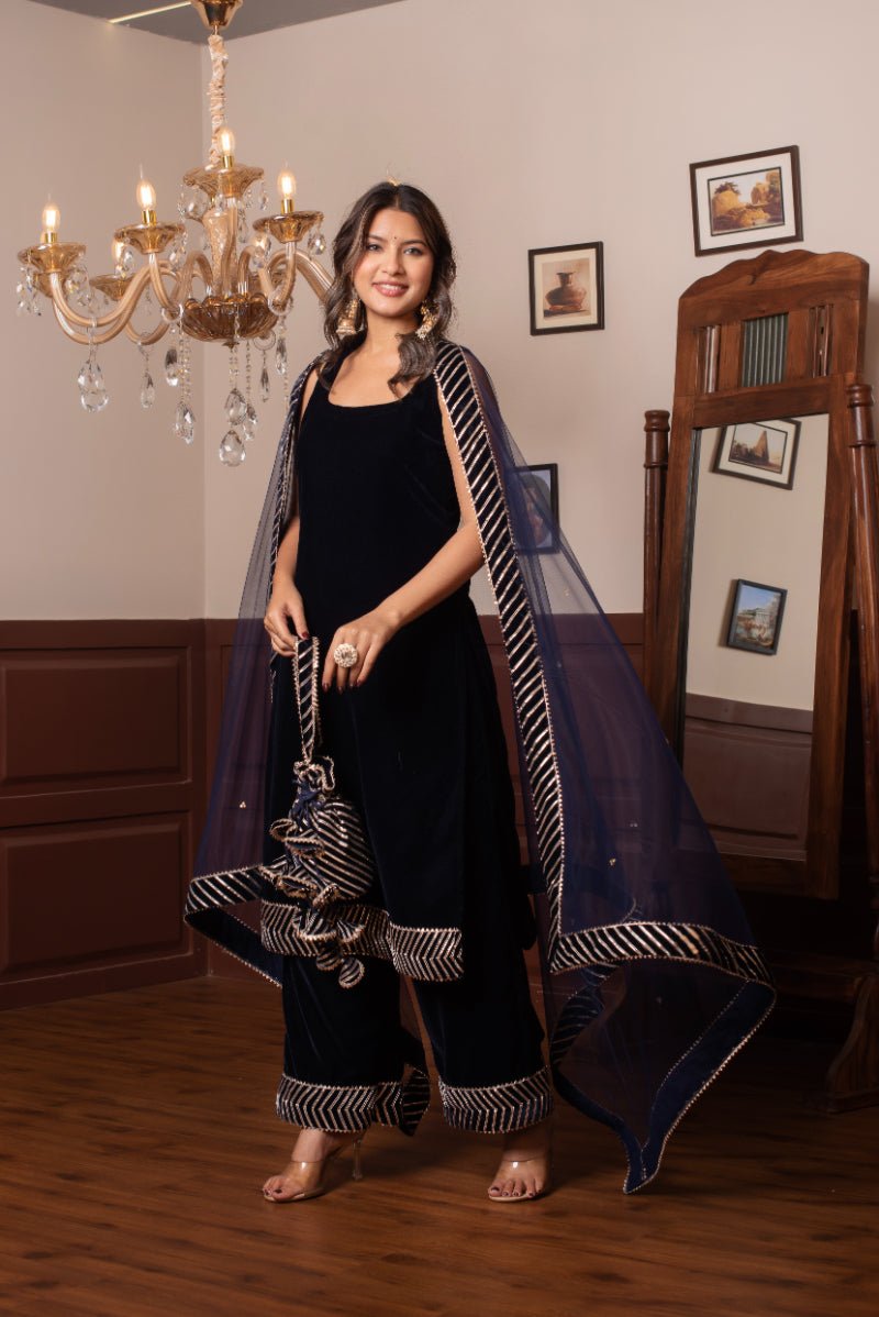 GHAZAL BLUE VELVET GOTA PATTI KURTA SET WITH SOFT NET DUPATTA - Pomcha Jaipur