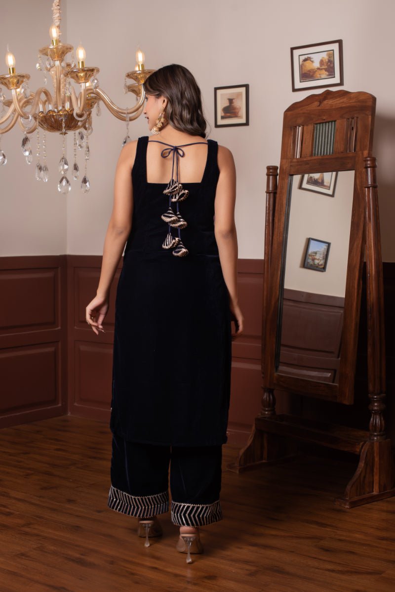 GHAZAL BLUE VELVET GOTA PATTI KURTA SET WITH SOFT NET DUPATTA - Pomcha Jaipur