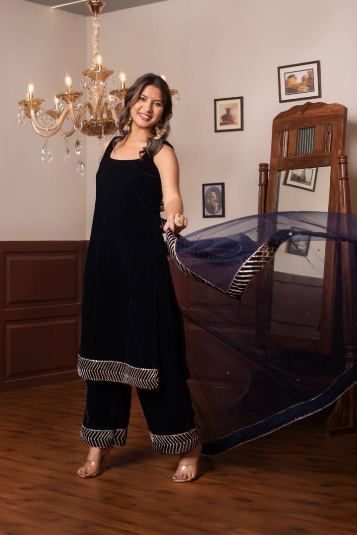 GHAZAL BLUE VELVET GOTA PATTI KURTA SET WITH SOFT NET DUPATTA - Pomcha Jaipur