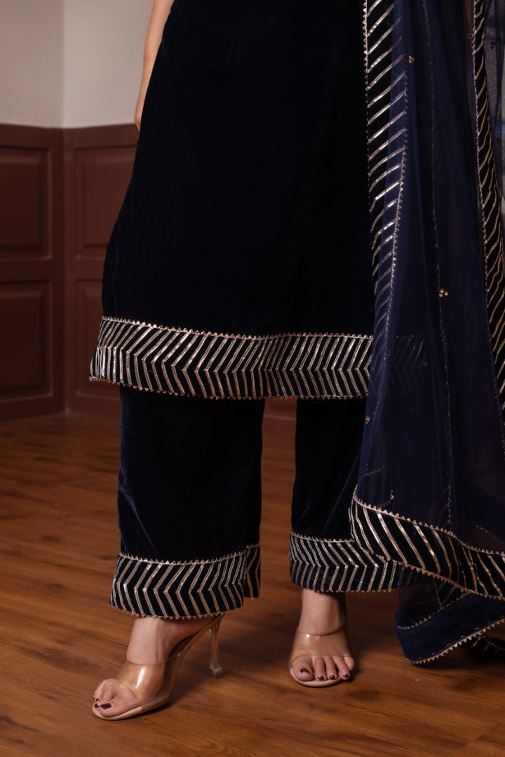 GHAZAL BLUE VELVET GOTA PATTI KURTA SET WITH SOFT NET DUPATTA - Pomcha Jaipur