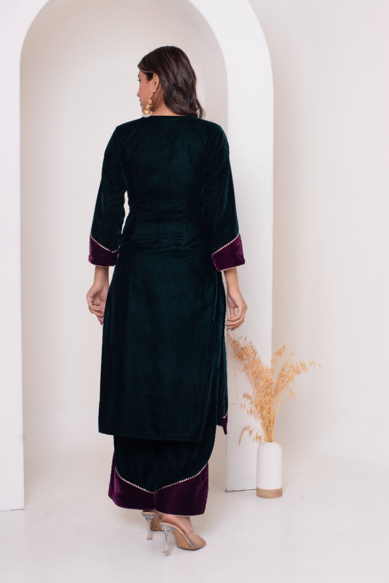 GHAZAL BOTTLE GREEN VELVET SUIT SET WITH COSMOS SILK DUPATTA - Pomcha Jaipur