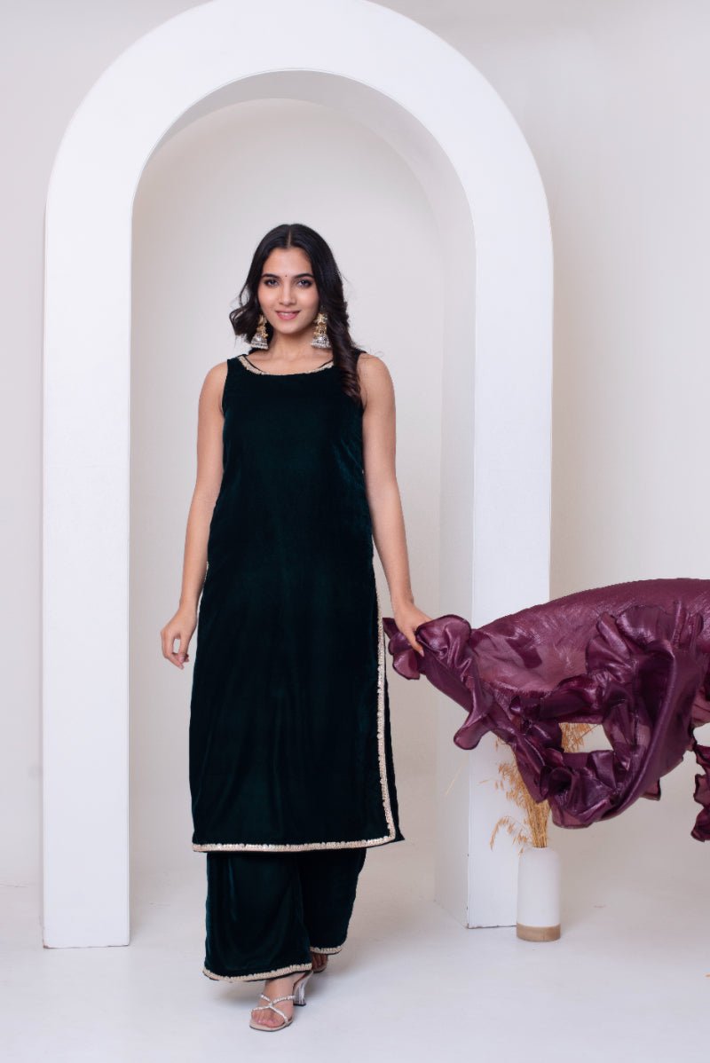 GHAZAL BOTTLE GREEN VELVET SUIT SET WITH FRILL COSMOS SILK DUPATTA - Pomcha Jaipur