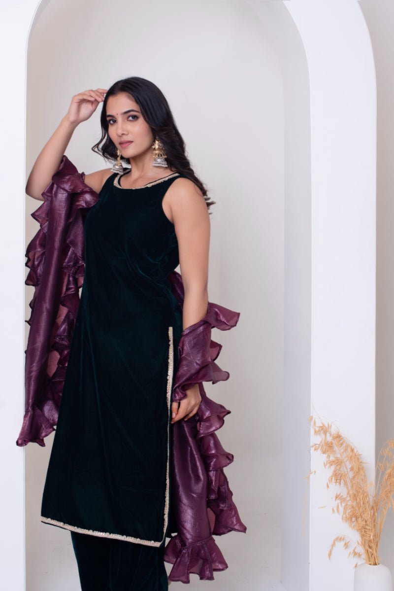GHAZAL BOTTLE GREEN VELVET SUIT SET WITH FRILL COSMOS SILK DUPATTA - Pomcha Jaipur