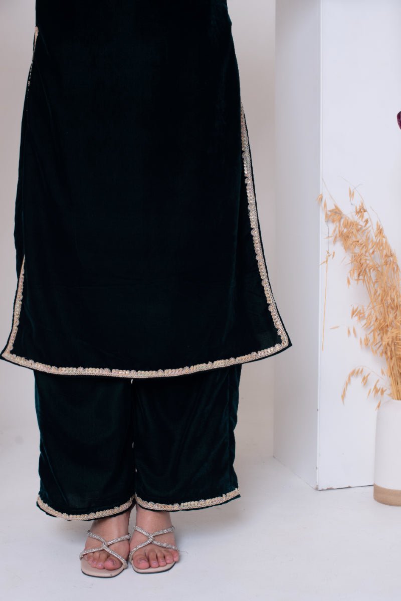 GHAZAL BOTTLE GREEN VELVET SUIT SET WITH FRILL COSMOS SILK DUPATTA - Pomcha Jaipur