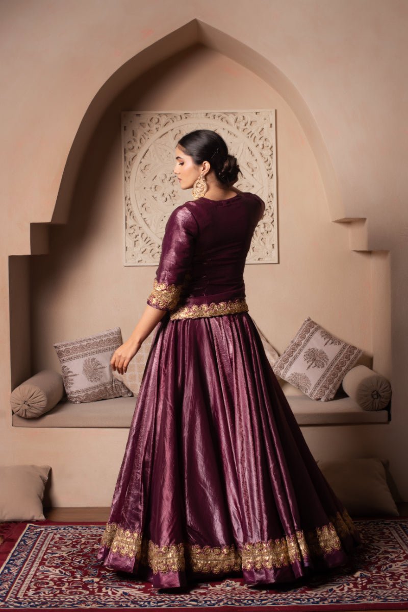 GHAZAL BURGUNDY GOTA THREAD WORK SILK LEHENGA WITH SILK DUPATTA - Pomcha Jaipur
