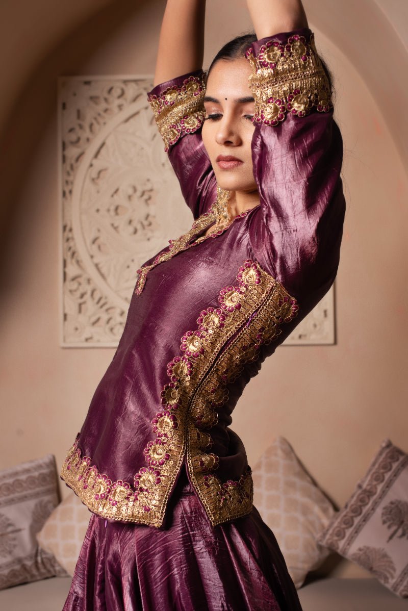 GHAZAL BURGUNDY GOTA THREAD WORK SILK LEHENGA WITH SILK DUPATTA - Pomcha Jaipur