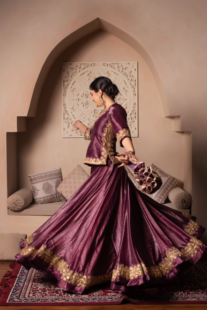 GHAZAL BURGUNDY GOTA THREAD WORK SILK LEHENGA WITH SILK DUPATTA - Pomcha Jaipur