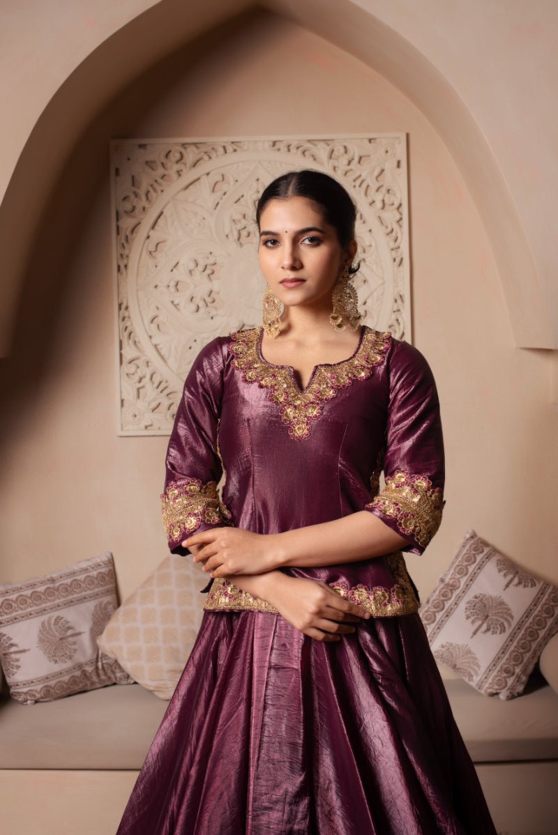 GHAZAL BURGUNDY GOTA THREAD WORK SILK LEHENGA WITH SILK DUPATTA - Pomcha Jaipur