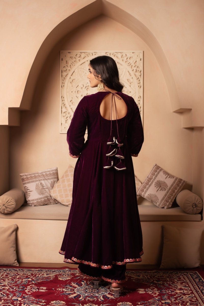 GHAZAL BURGUNDY VELVET ANARKALI SET WITH COSMOS SILK DUPATTA - Pomcha Jaipur