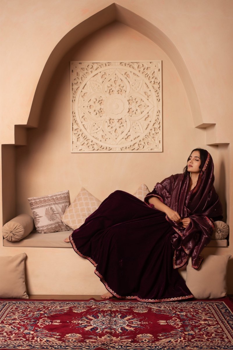 GHAZAL BURGUNDY VELVET ANARKALI SET WITH COSMOS SILK DUPATTA - Pomcha Jaipur