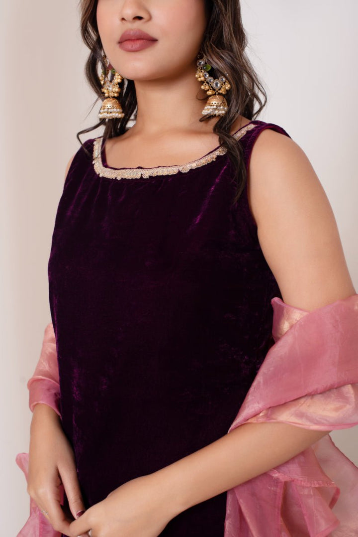 GHAZAL BURGUNDY VELVET SUIT SET WITH FRILL COSMOS SILK DUPATTA - Pomcha Jaipur