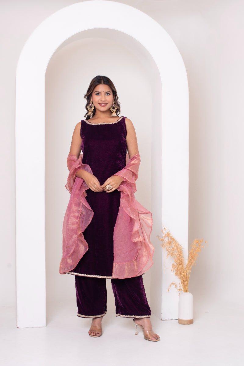 GHAZAL BURGUNDY VELVET SUIT SET WITH FRILL COSMOS SILK DUPATTA - Pomcha Jaipur