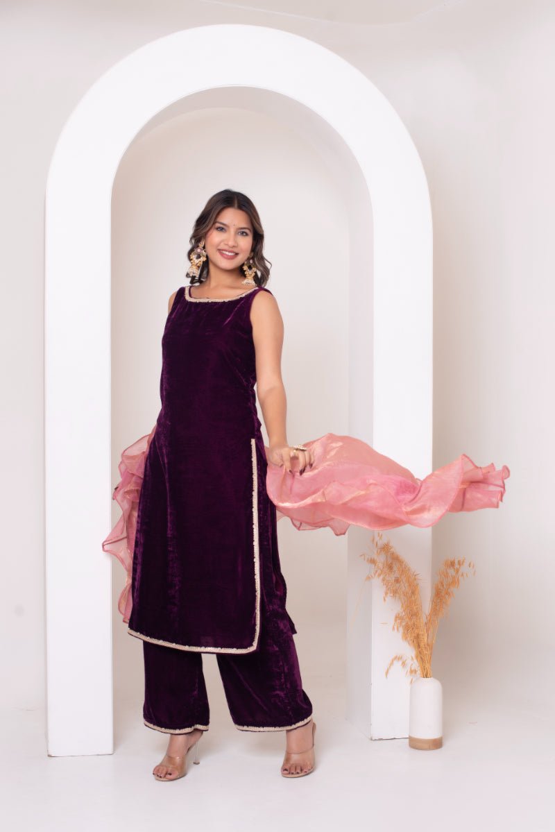 GHAZAL BURGUNDY VELVET SUIT SET WITH FRILL COSMOS SILK DUPATTA - Pomcha Jaipur