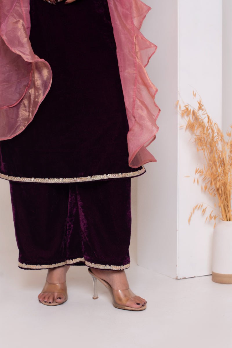 GHAZAL BURGUNDY VELVET SUIT SET WITH FRILL COSMOS SILK DUPATTA - Pomcha Jaipur