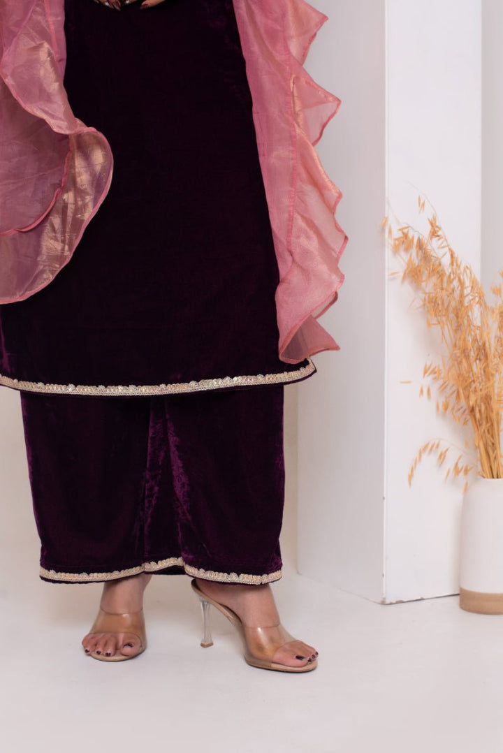 GHAZAL BURGUNDY VELVET SUIT SET WITH FRILL COSMOS SILK DUPATTA - Pomcha Jaipur