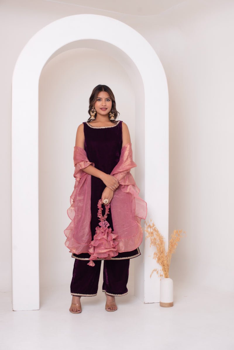 GHAZAL BURGUNDY VELVET SUIT SET WITH FRILL COSMOS SILK DUPATTA - Pomcha Jaipur