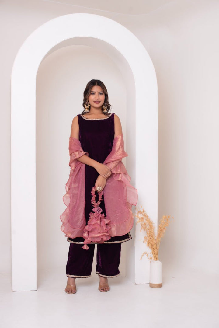 GHAZAL BURGUNDY VELVET SUIT SET WITH FRILL COSMOS SILK DUPATTA - Pomcha Jaipur