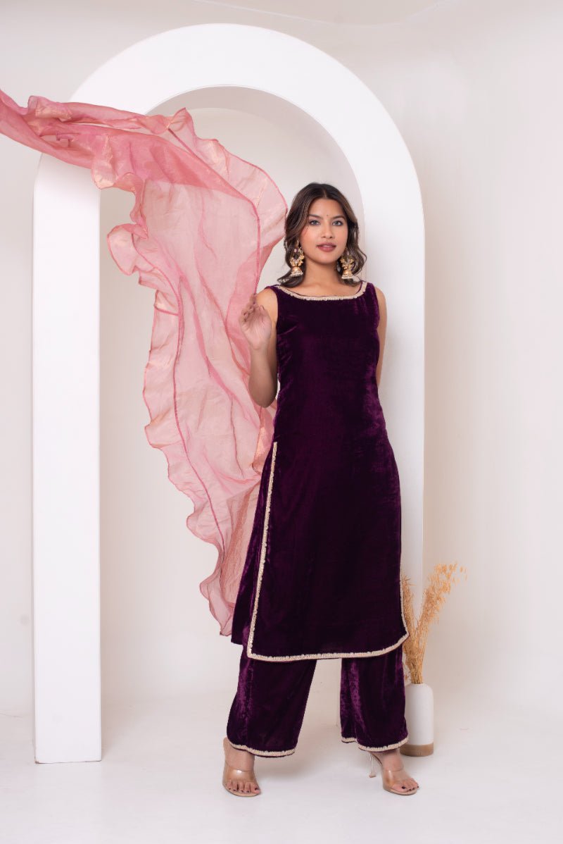 GHAZAL BURGUNDY VELVET SUIT SET WITH FRILL COSMOS SILK DUPATTA - Pomcha Jaipur