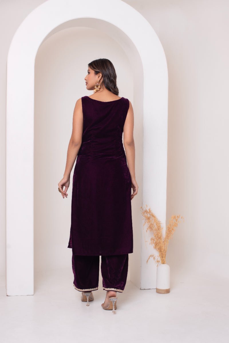 GHAZAL BURGUNDY VELVET SUIT SET WITH FRILL COSMOS SILK DUPATTA - Pomcha Jaipur