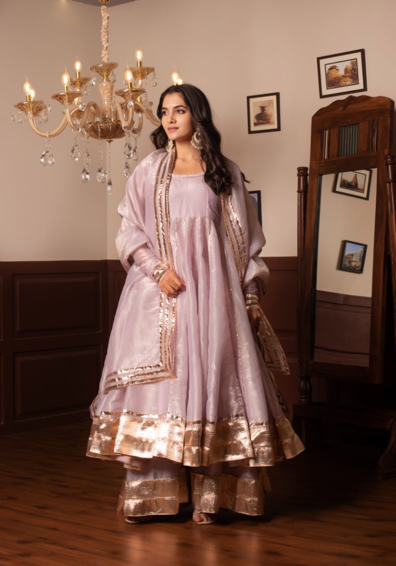 GHAZAL COSMOS SILK LILAC GOTA PATTI KALIDAR ANARKALI SET WITH COSMOS SILK DUPATTA - Pomcha Jaipur