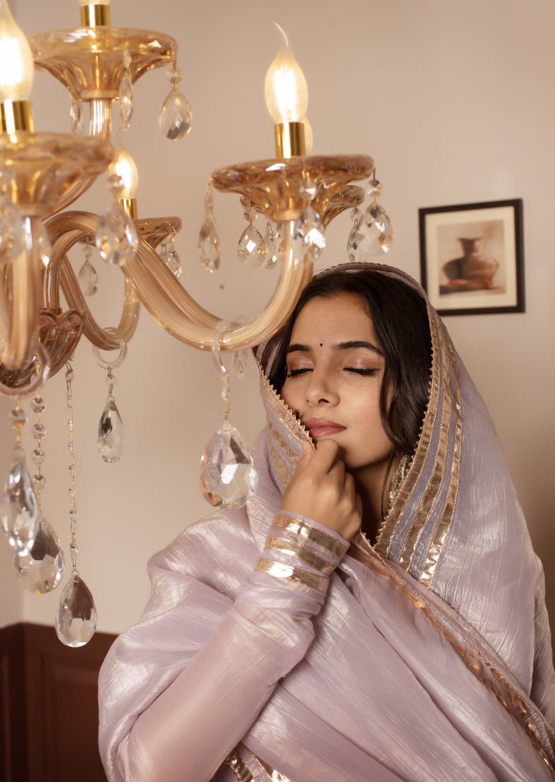 GHAZAL COSMOS SILK LILAC GOTA PATTI KALIDAR ANARKALI SET WITH COSMOS SILK DUPATTA - Pomcha Jaipur