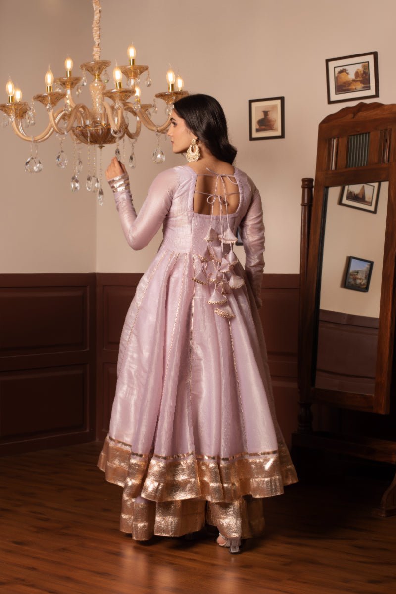 GHAZAL COSMOS SILK LILAC GOTA PATTI KALIDAR ANARKALI SET WITH COSMOS SILK DUPATTA - Pomcha Jaipur