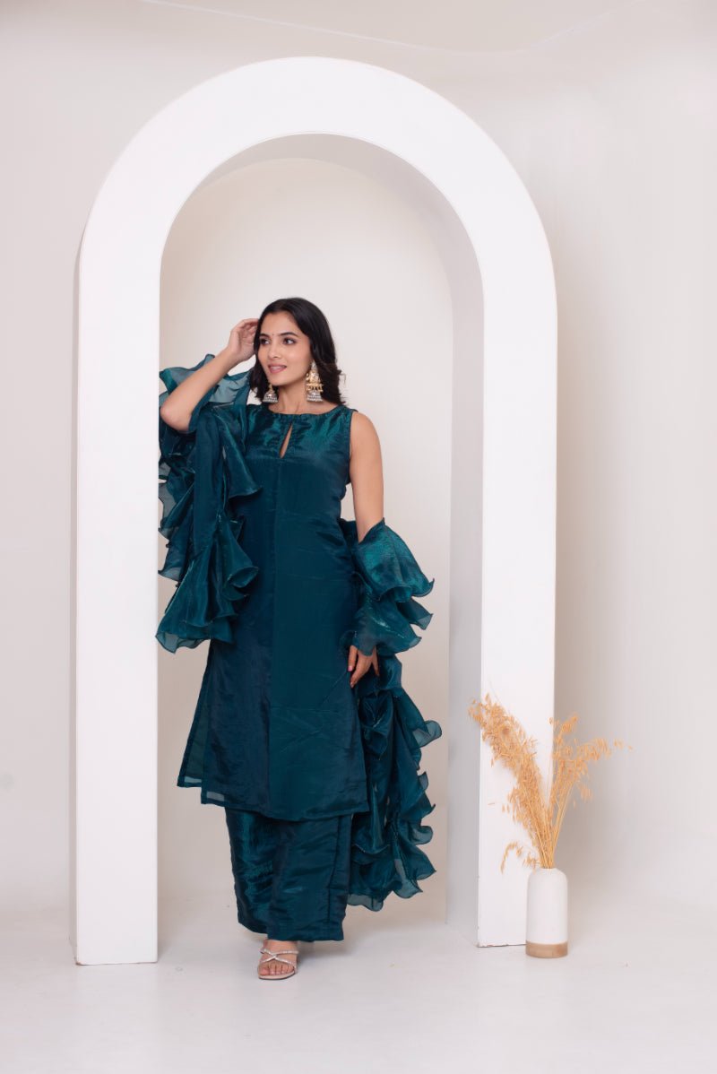 GHAZAL DARK GREEN SILK KURTA SET WITH SILK FRILL DUPATTA - Pomcha Jaipur