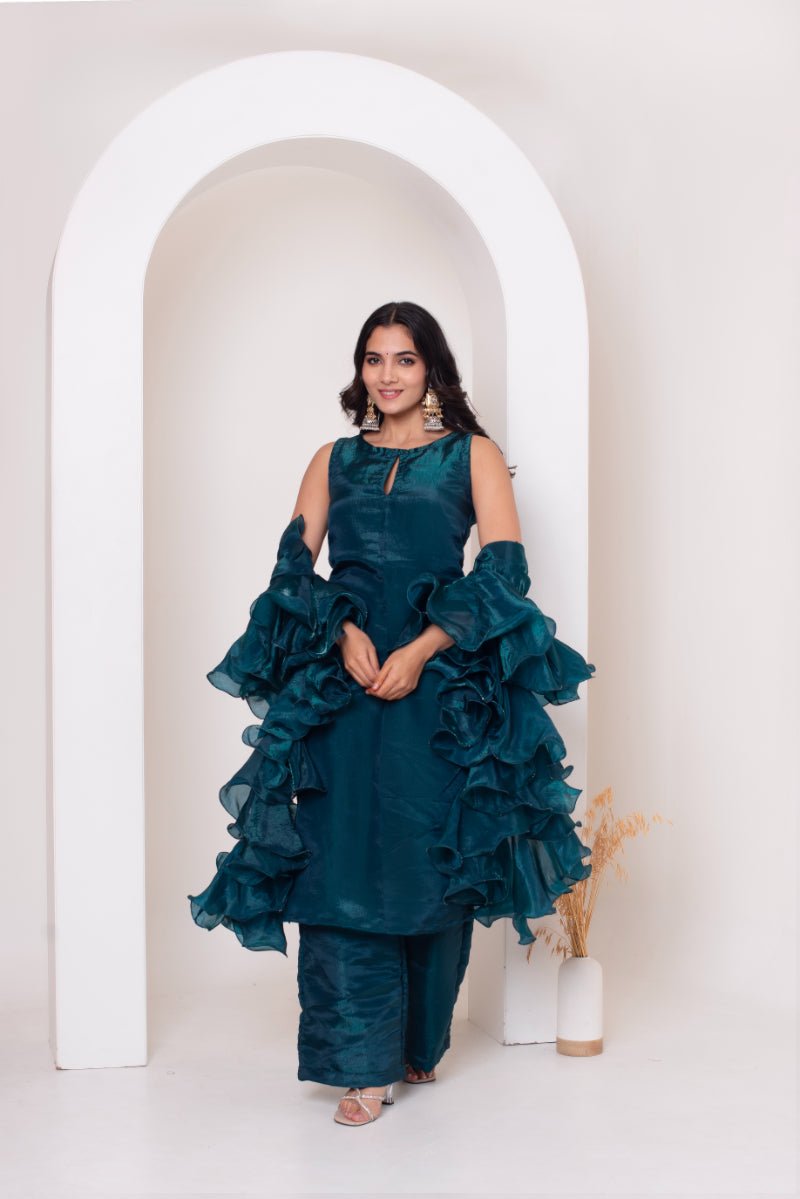 GHAZAL DARK GREEN SILK KURTA SET WITH SILK FRILL DUPATTA - Pomcha Jaipur