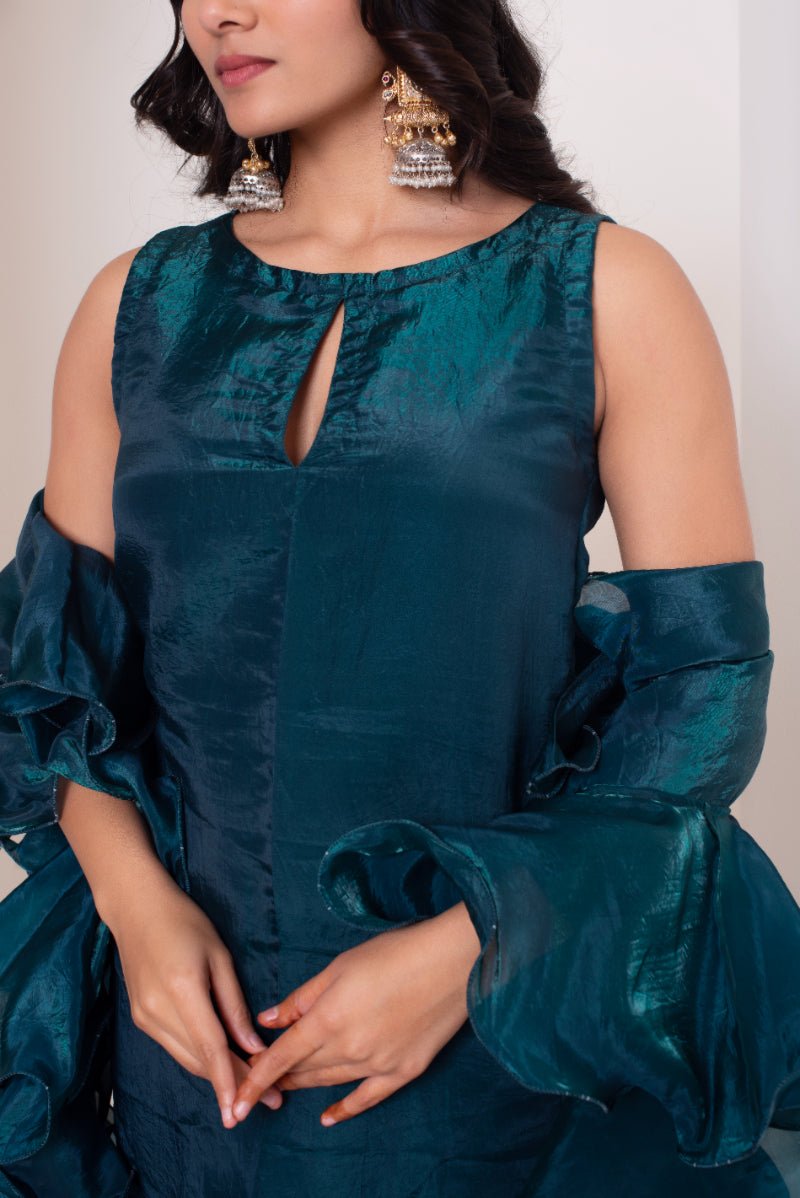 GHAZAL DARK GREEN SILK KURTA SET WITH SILK FRILL DUPATTA - Pomcha Jaipur